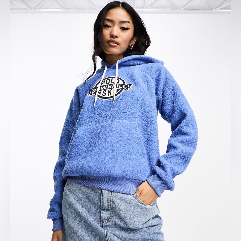 Polo Ralph Lauren logo applique borg hoodie in light blue